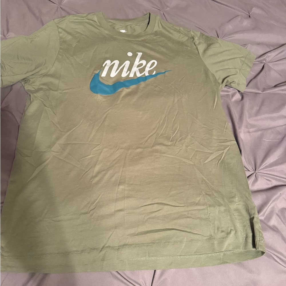 Nike Men's Sage Green Tee with Blue Logo